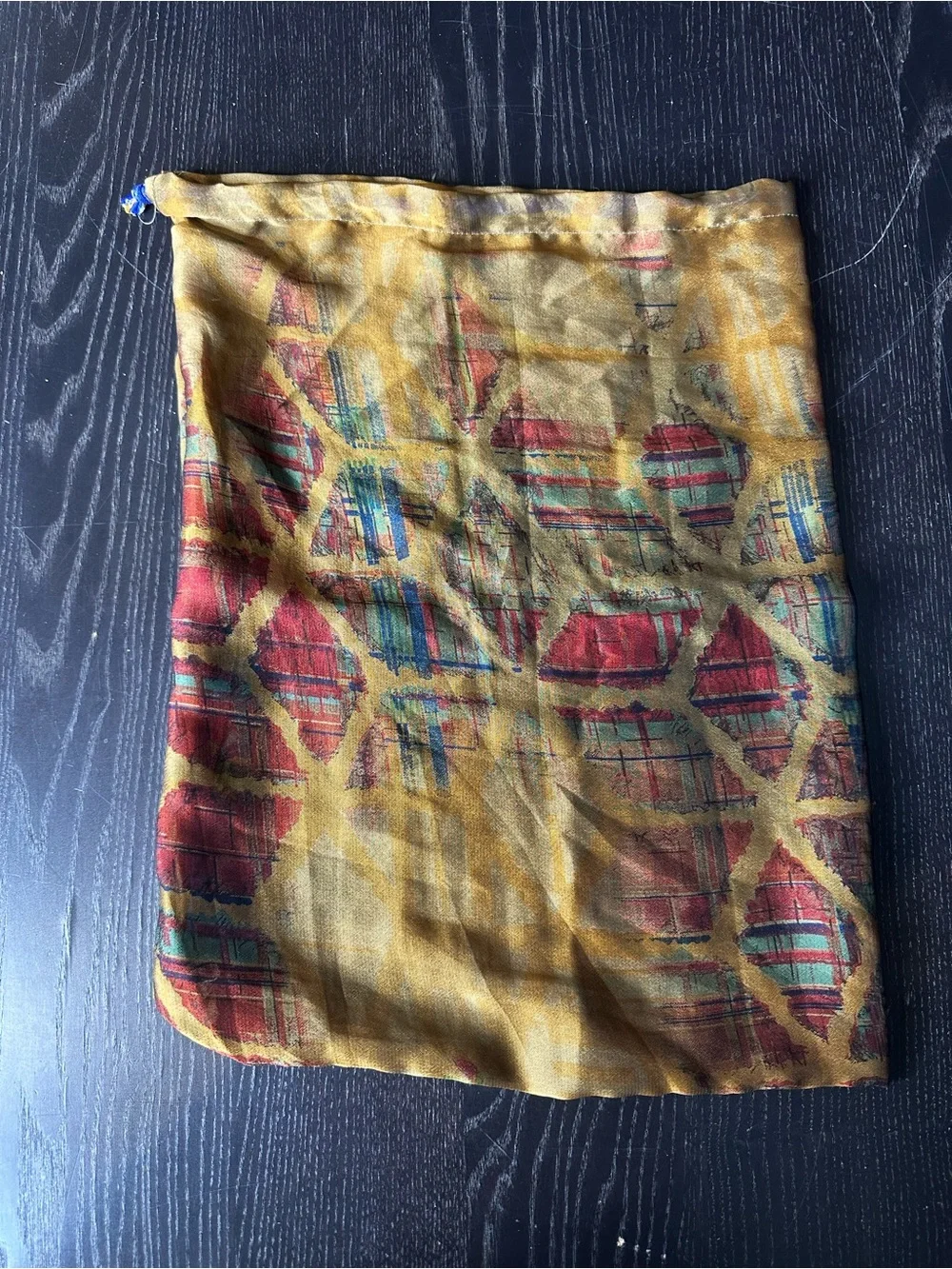 Gold Floral Drawstring Bag with Multicolored Accents - 15.5x11